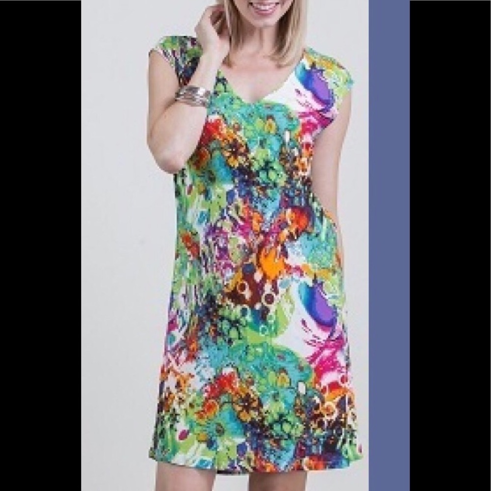 Vneck capped sleeve dress colorful